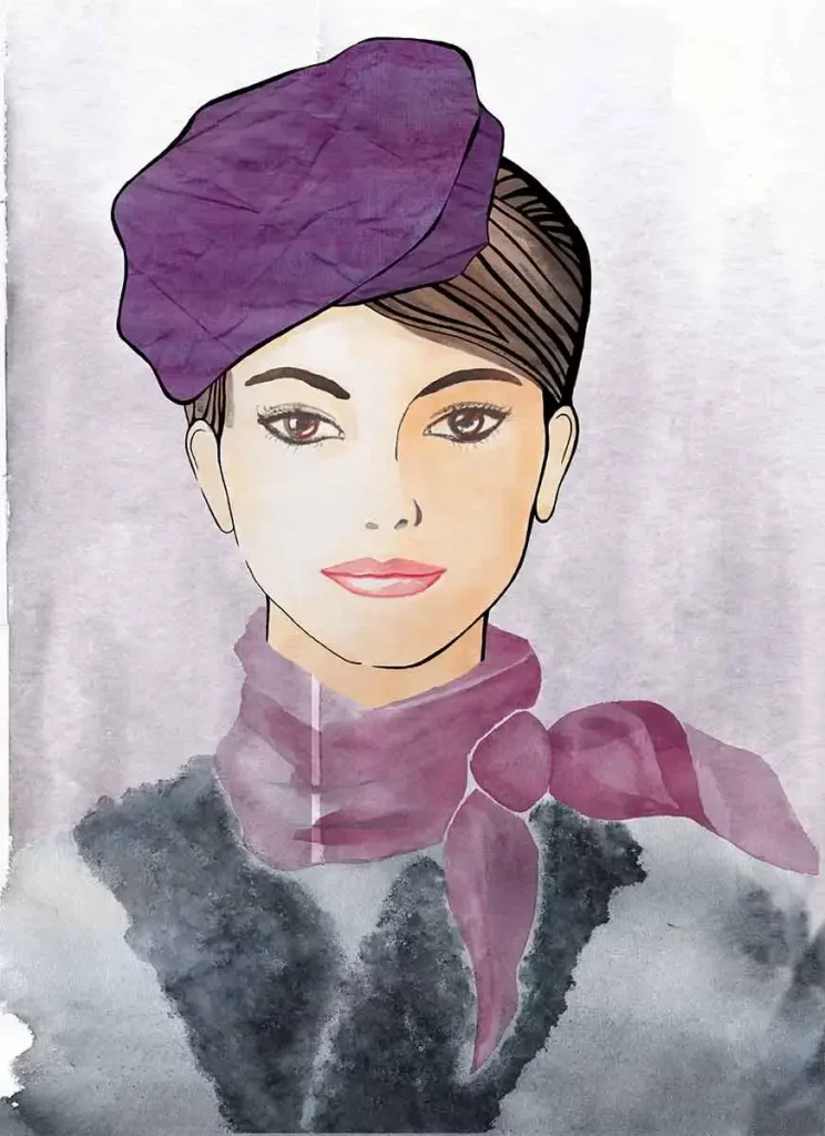 illustrated girl with violet hat and scarf