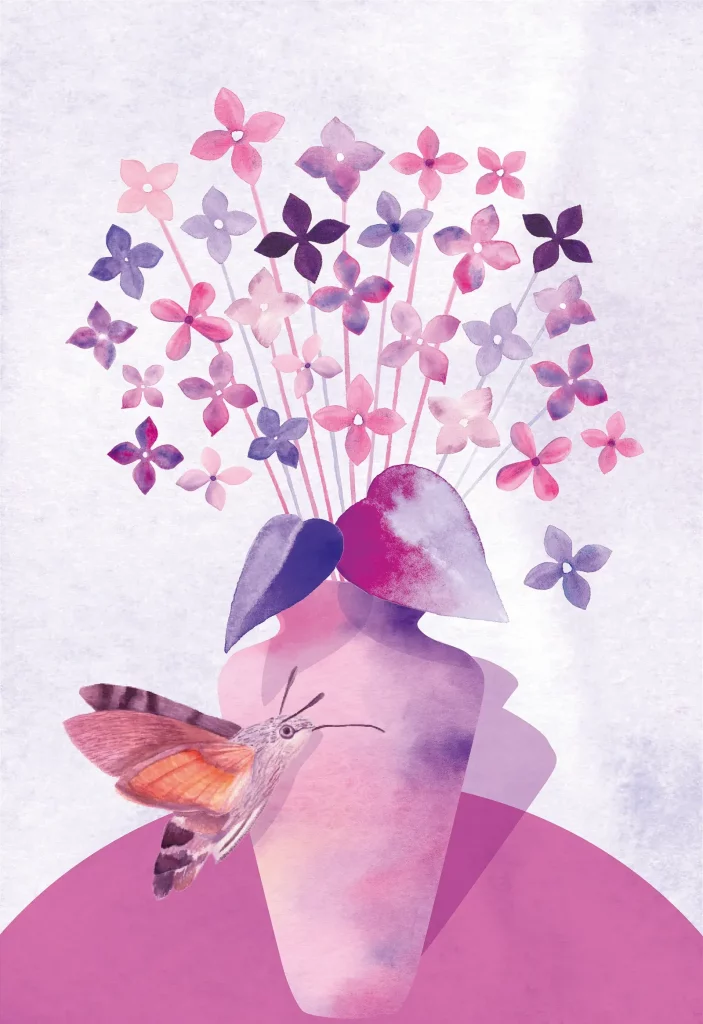 humming hawk moth with a bunch of abstract elder bush