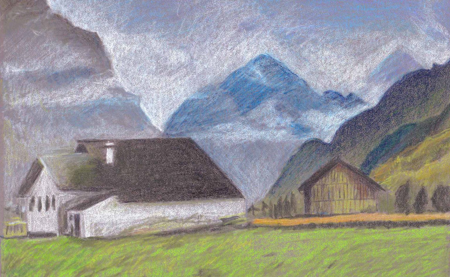 pastel drawing of an old farm in the swiss mountains