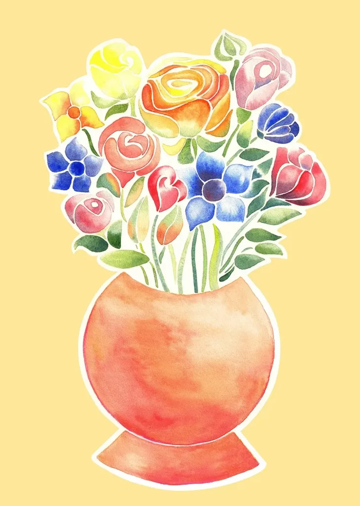 bunch of flowers in red vase on yellow background
