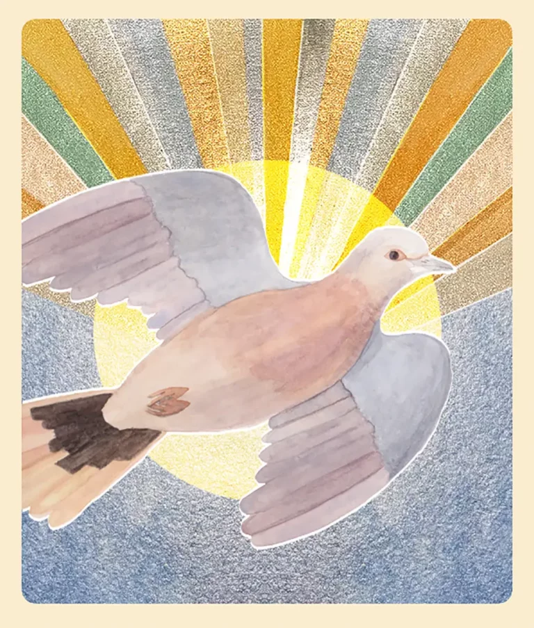 tarot card with dove on silver shimmering background