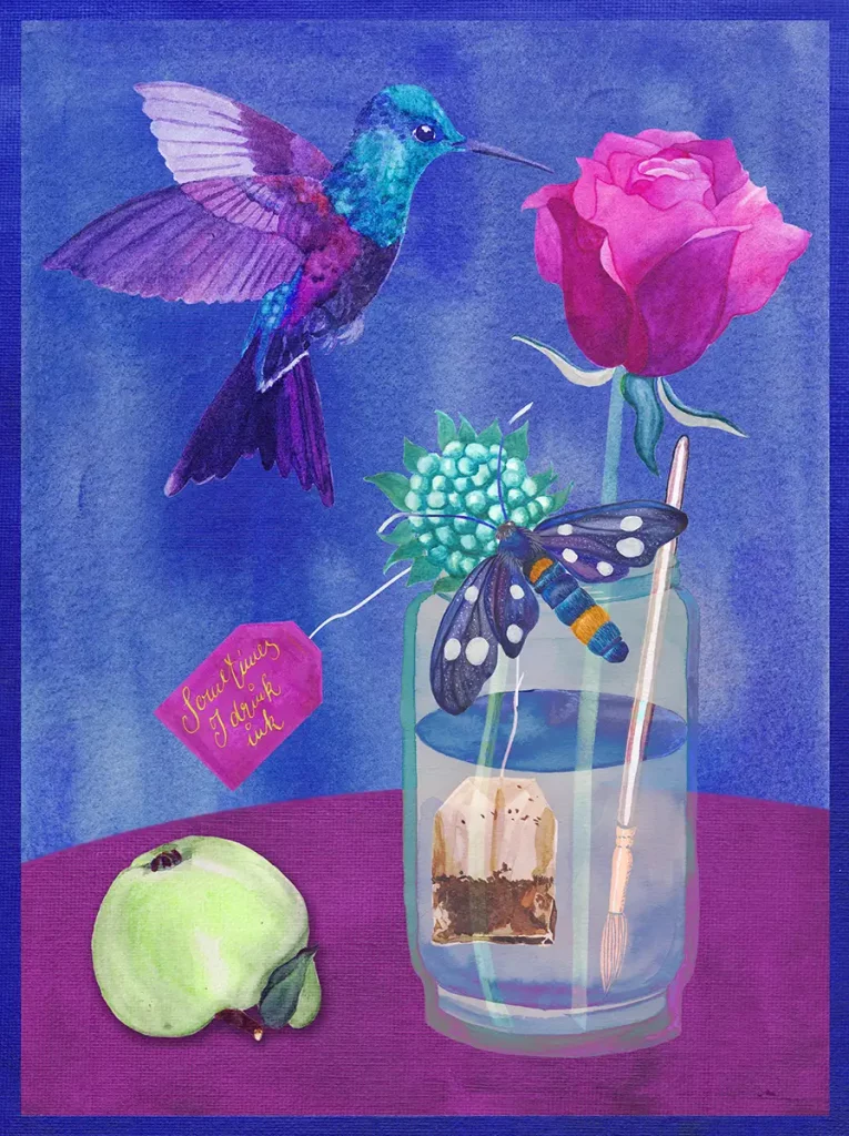 humming bird on blue background witth a glass with tea bag and brush