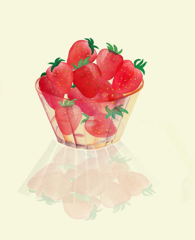 illustration of little glassbowl with strawberrys